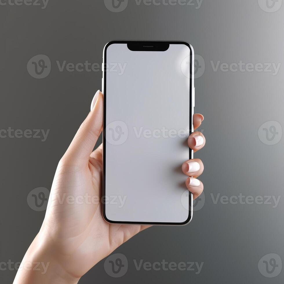 hand holding smartphone with blank screen on gray background. Mock up , photo