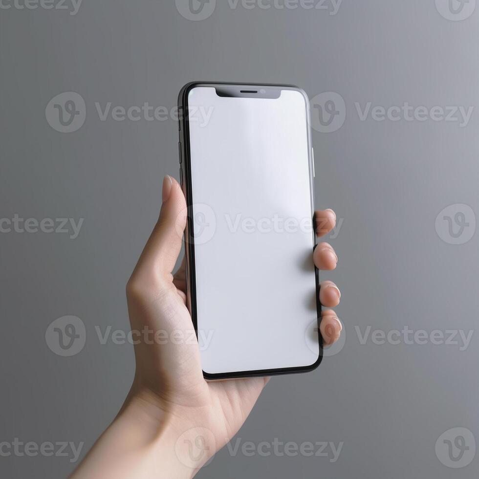 hand holding smartphone with blank screen on gray background. Mock up , photo