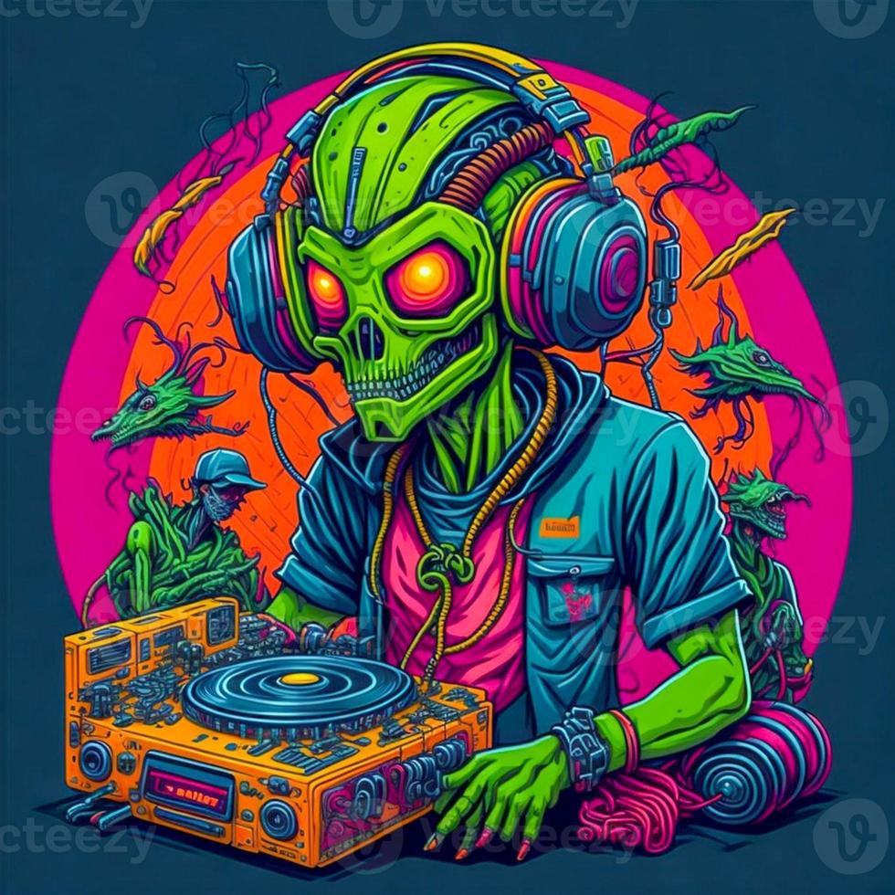 Alien dj character in outer space. Cute green extraterrestrial humanoid with futuristic vinyl record turntable. Electronic music festival concept. Comic style vector illustration. photo