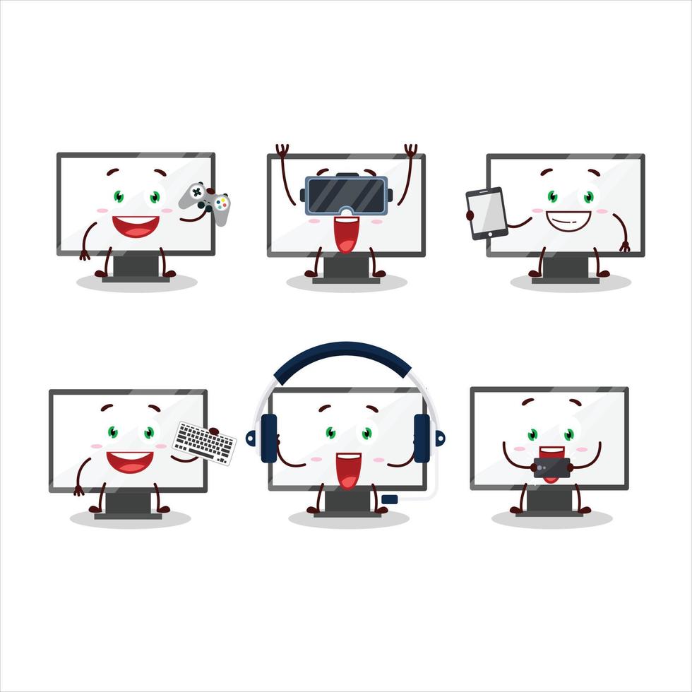 Monitor cartoon character are playing games with various cute emoticons vector