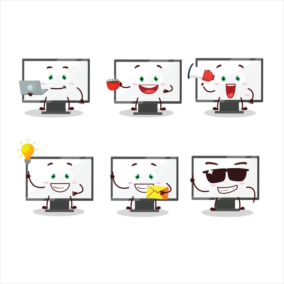 Monitor cartoon character with various types of business emoticons vector