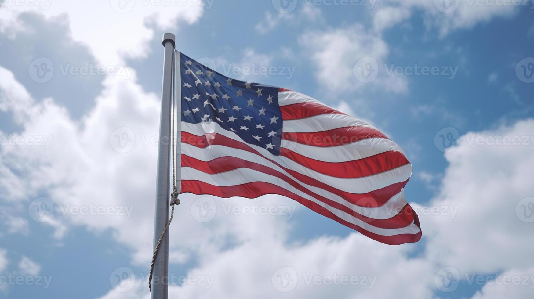 American flag waving in the wind over sandstone mountains. 3d render photo