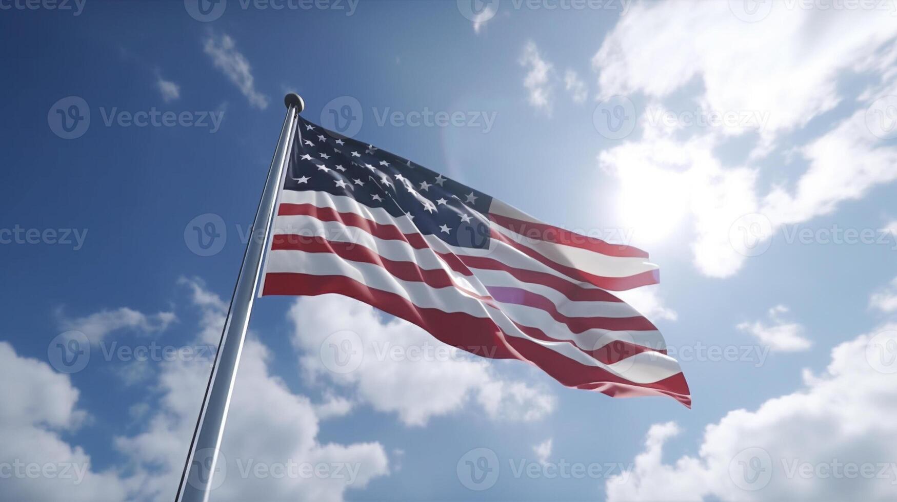 American flag waving in the wind over sandstone mountains. 3d render photo