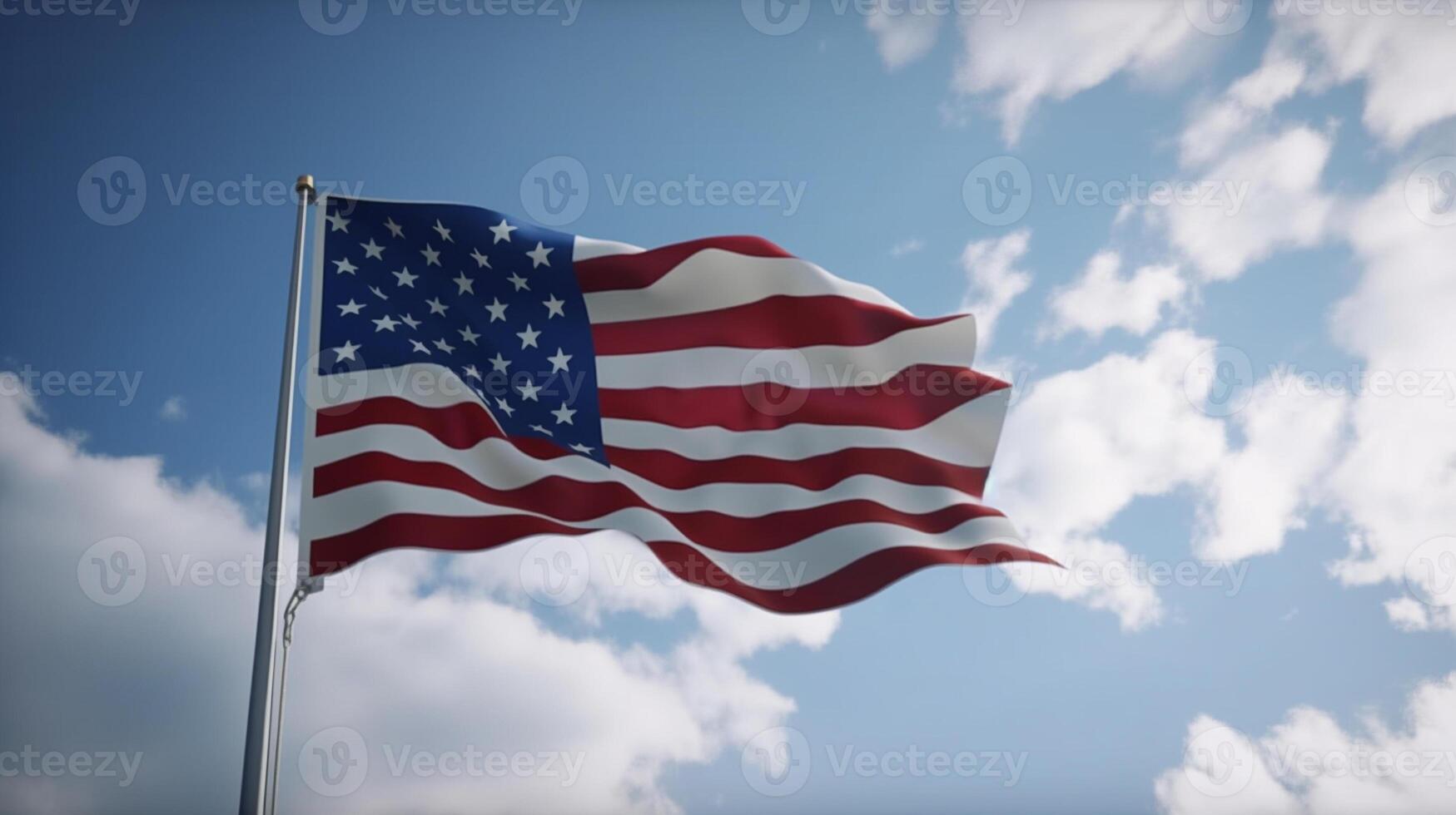 American flag waving in the wind over sandstone mountains. 3d render photo