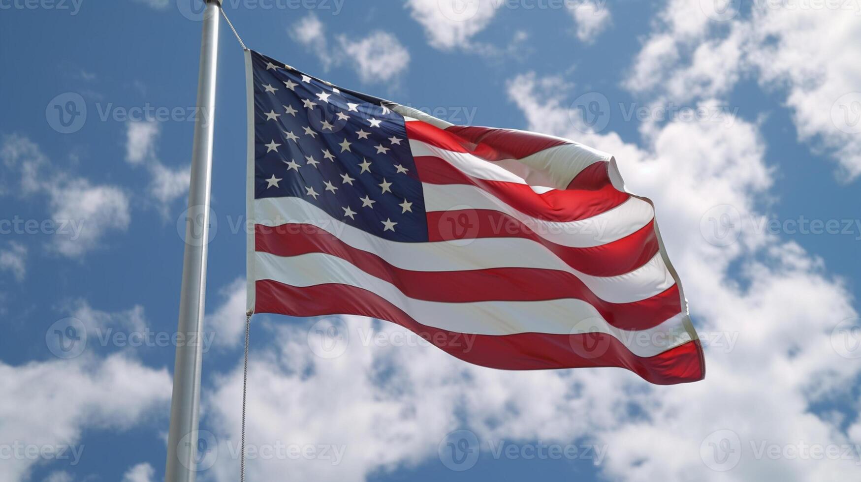 American flag waving in the wind over sandstone mountains. 3d render photo