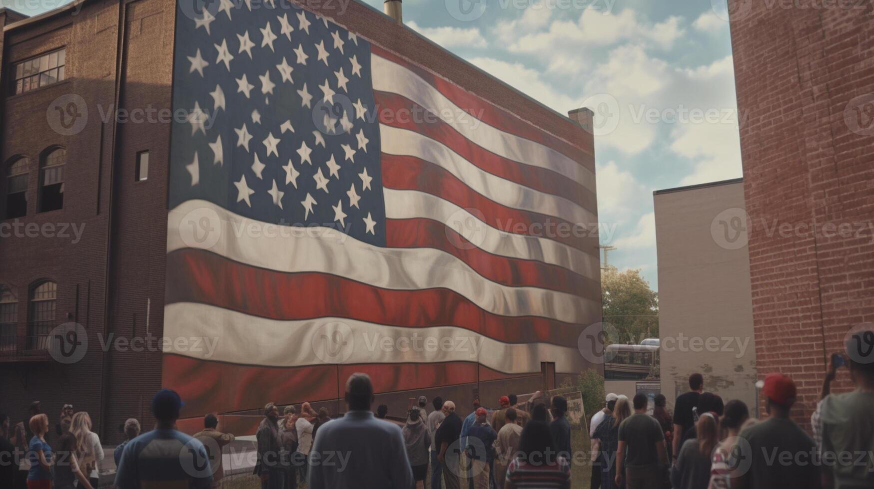 American flag waving in the wind over sandstone mountains. 3d render photo