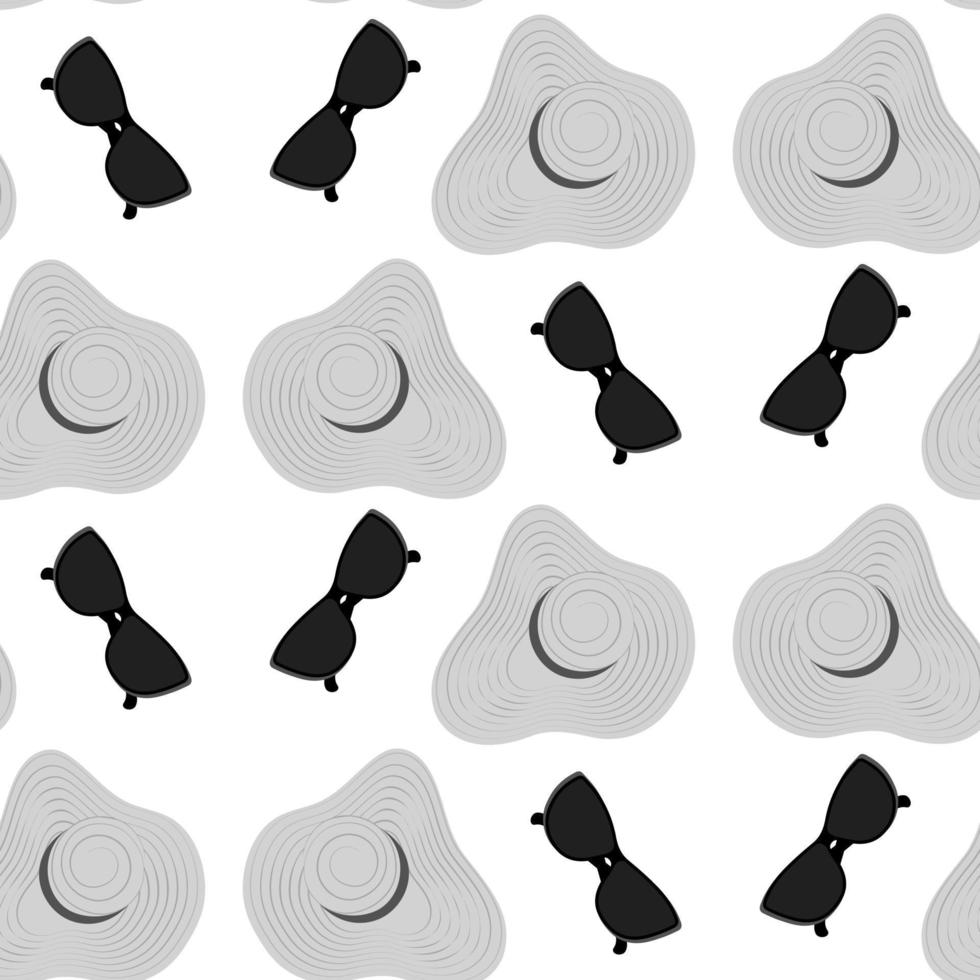 Seamless pattern of a summer hat with wide brim and stripes around and sunglasses with dark glasses vector