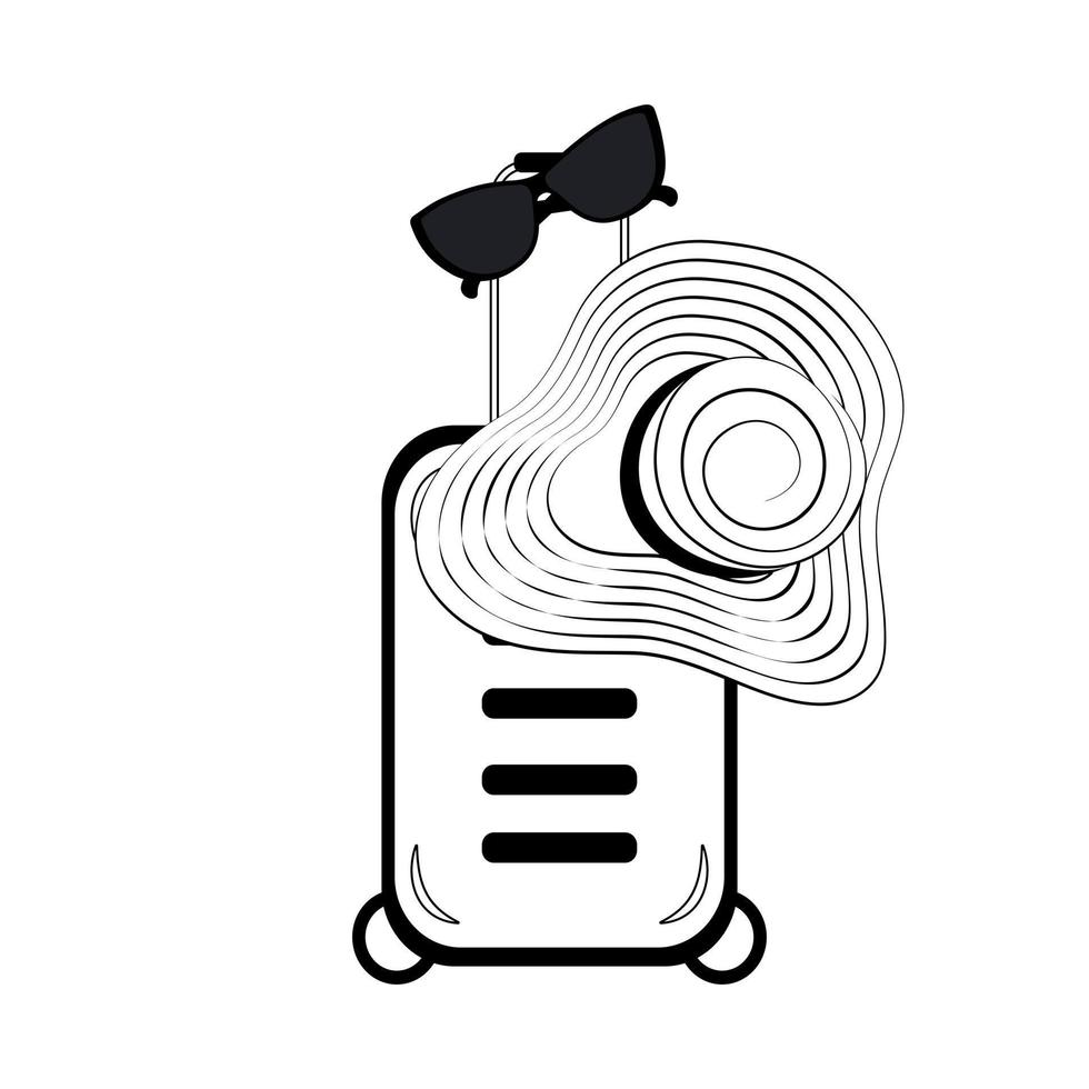 Set of outline drawing of a hat with wide brim and a strips around, sunglasses and travel suitcase vector