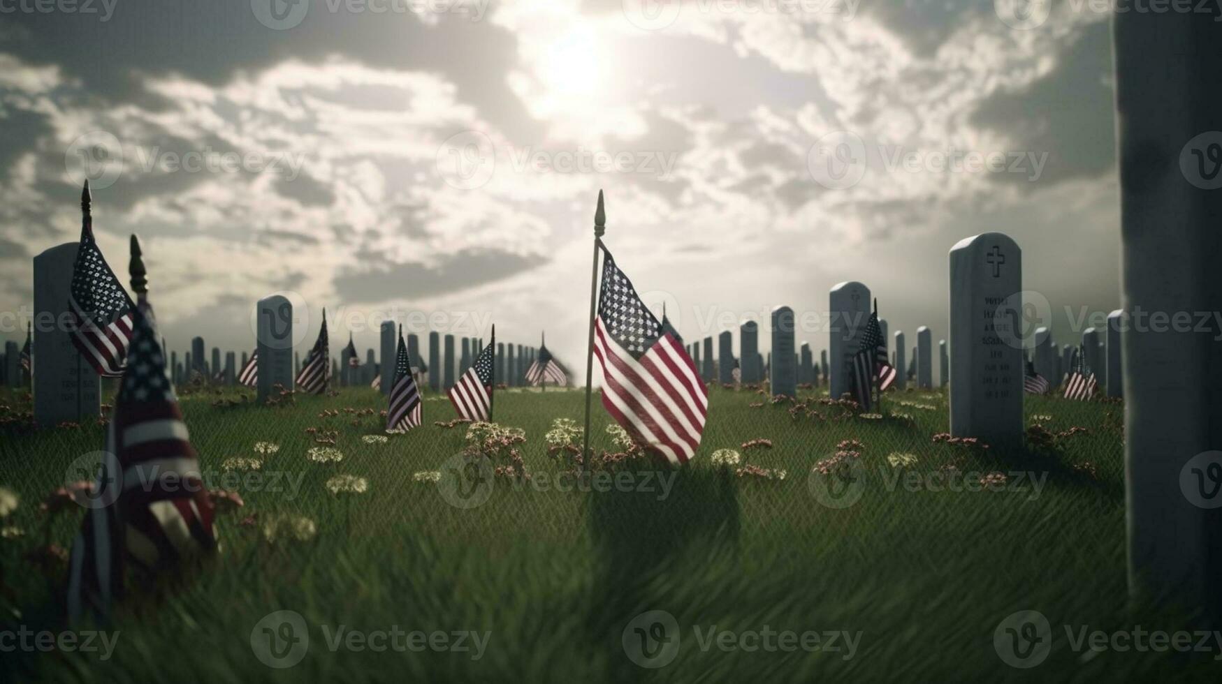 American flag waving in the wind over sandstone mountains. 3d render photo