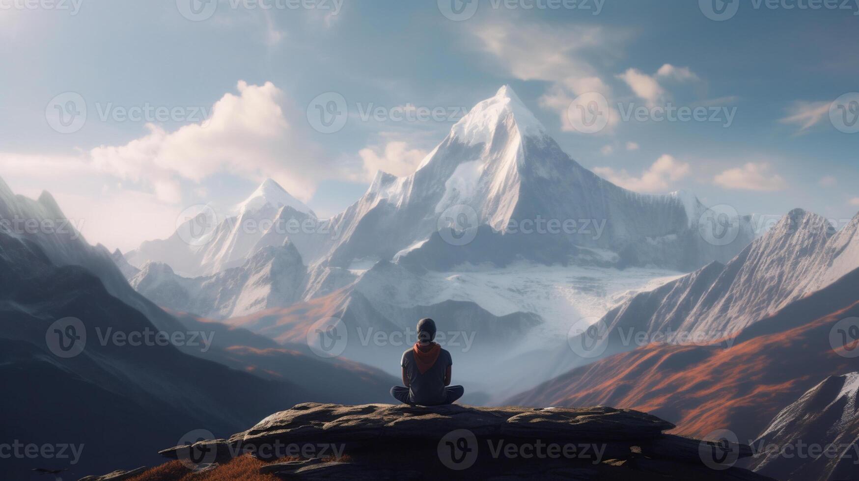 Man meditating on top of a mountain. 3D Rendering photo