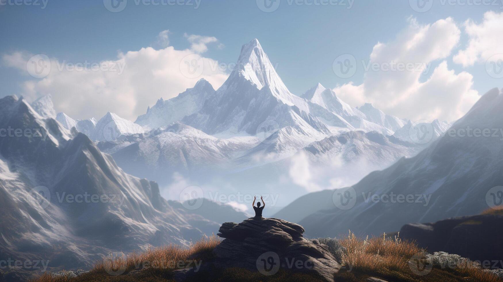 Man meditating on top of a mountain. 3D Rendering photo