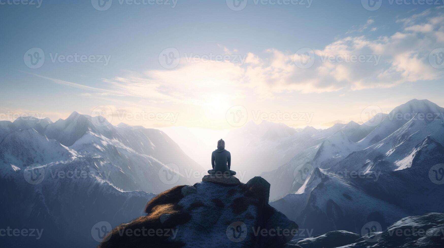 ai generativo hombre meditando en parte superior de un montaña. 3d representación foto