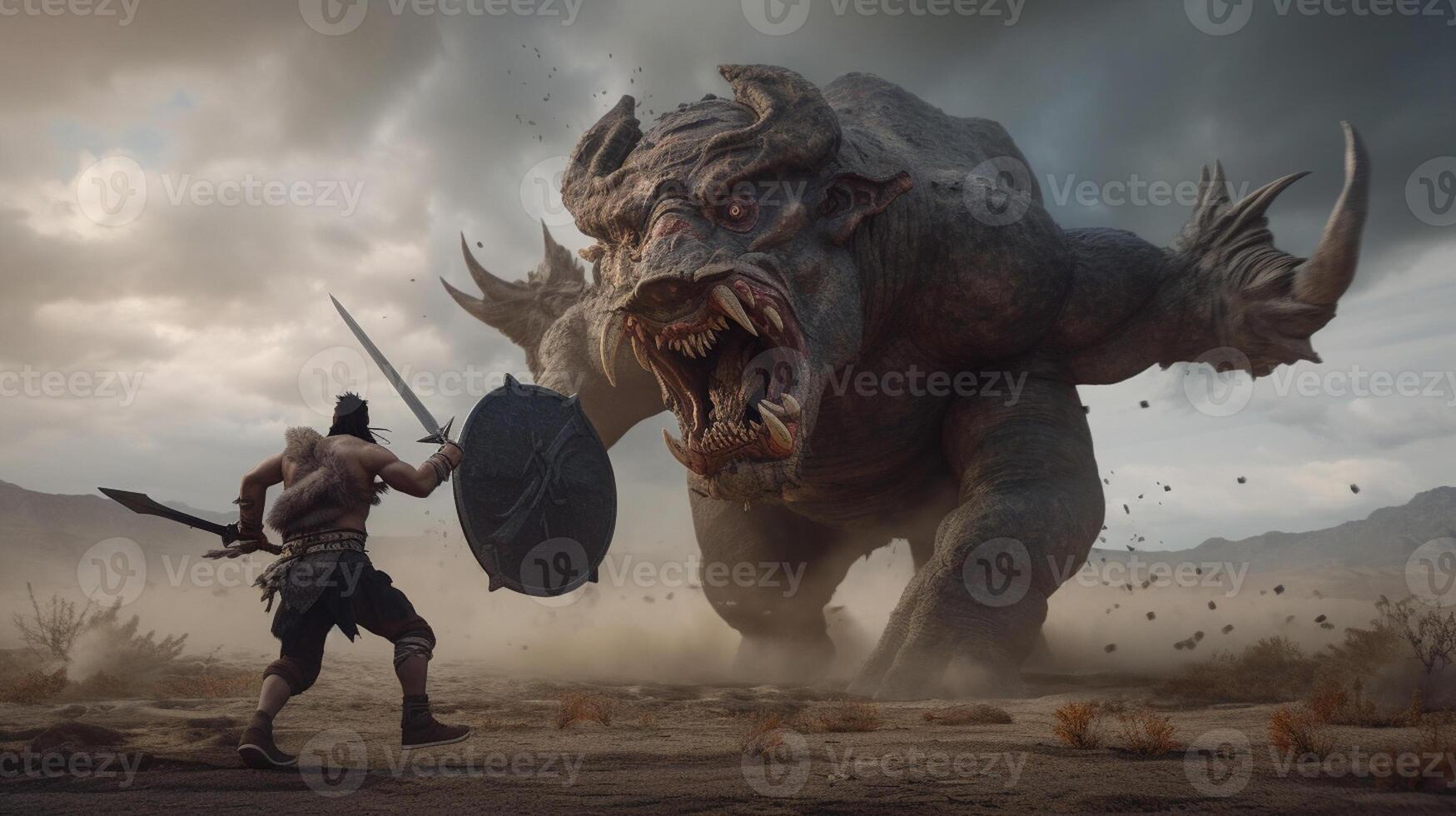 a big monster fighting with a worrier photo