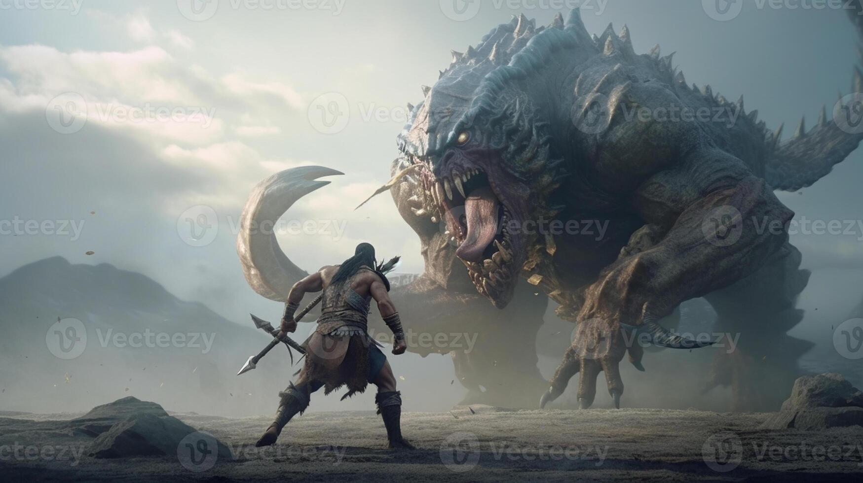 a big monster fighting with a worrier photo