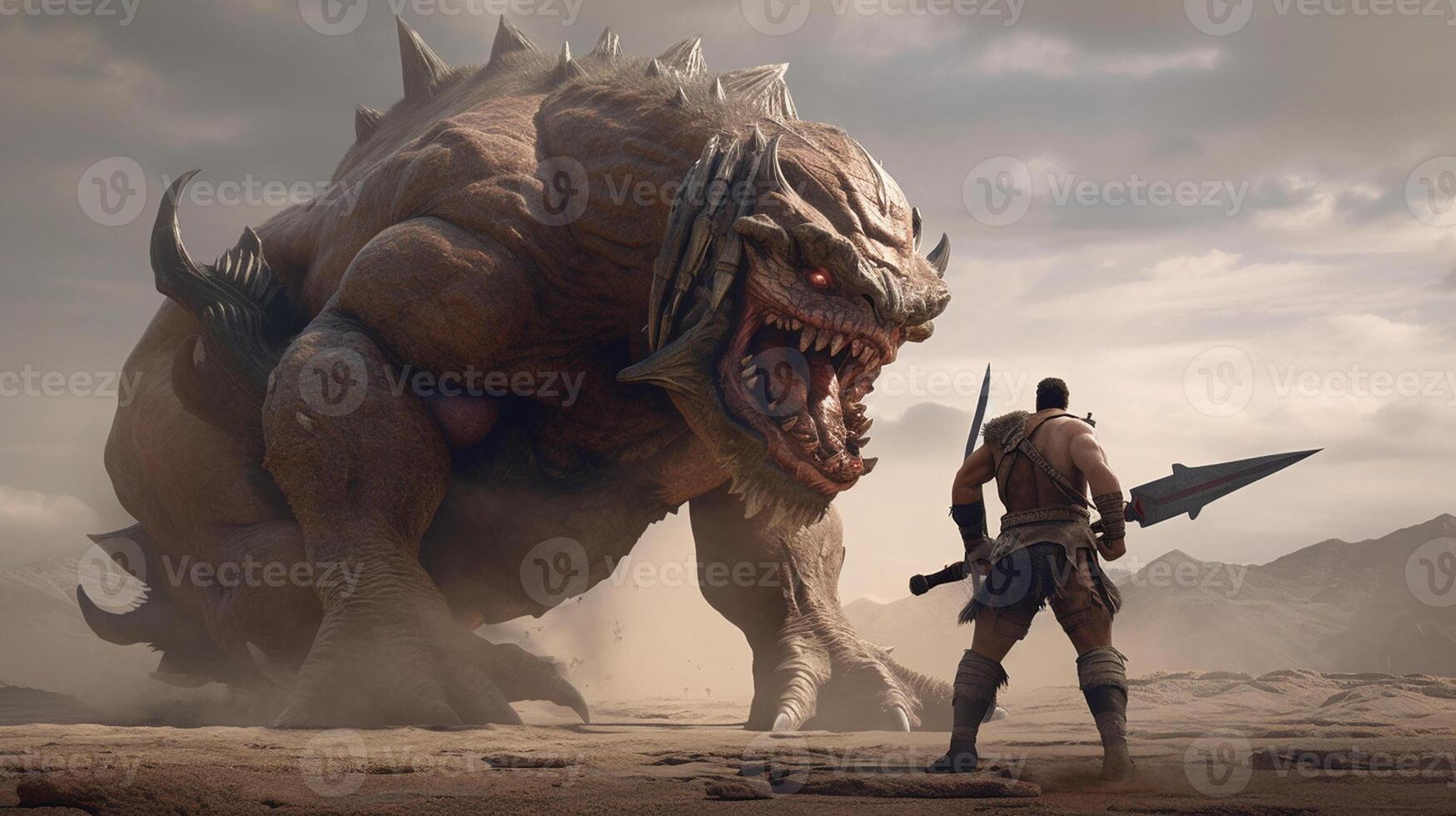 a big monster fighting with a worrier photo