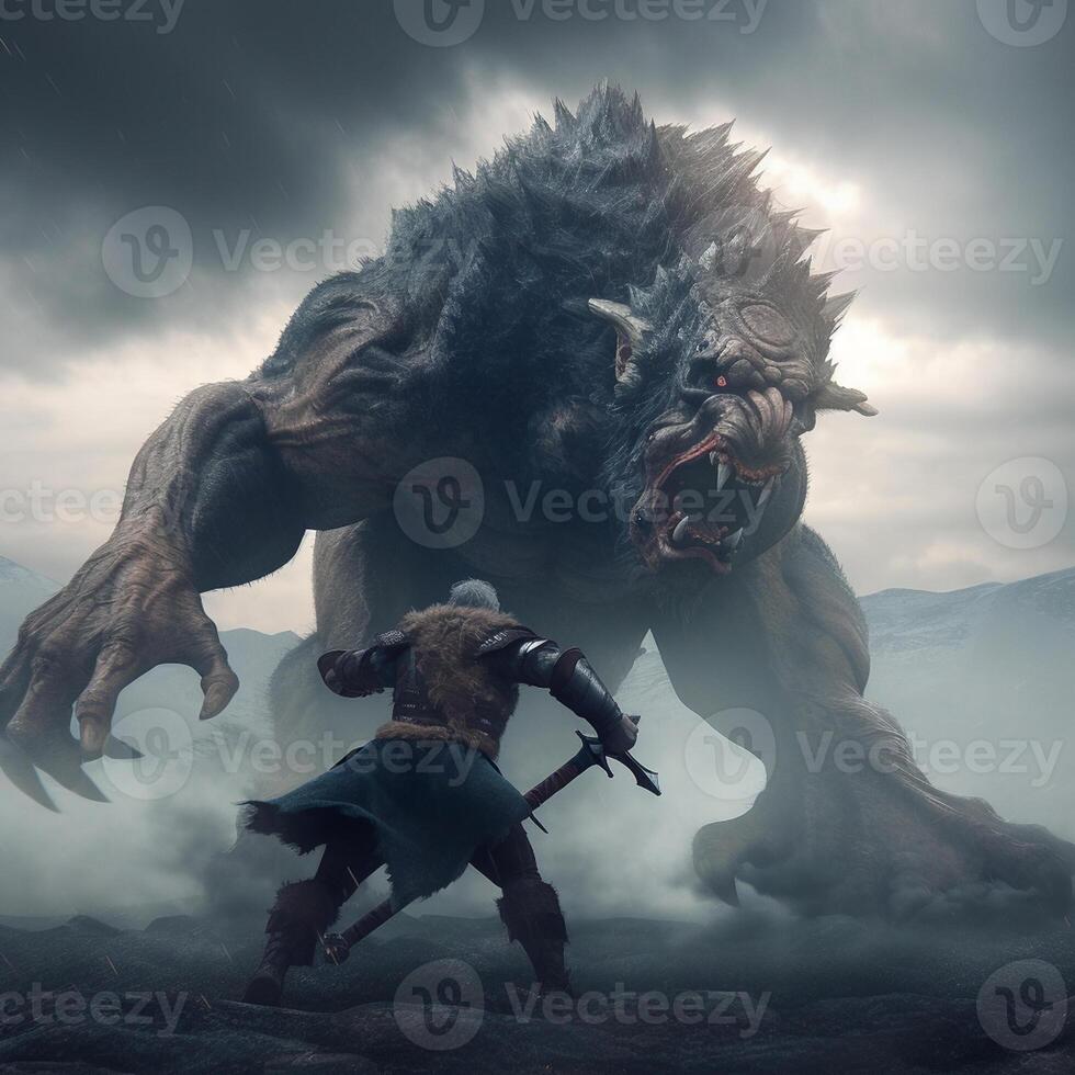 a big monster fighting with a worrier photo