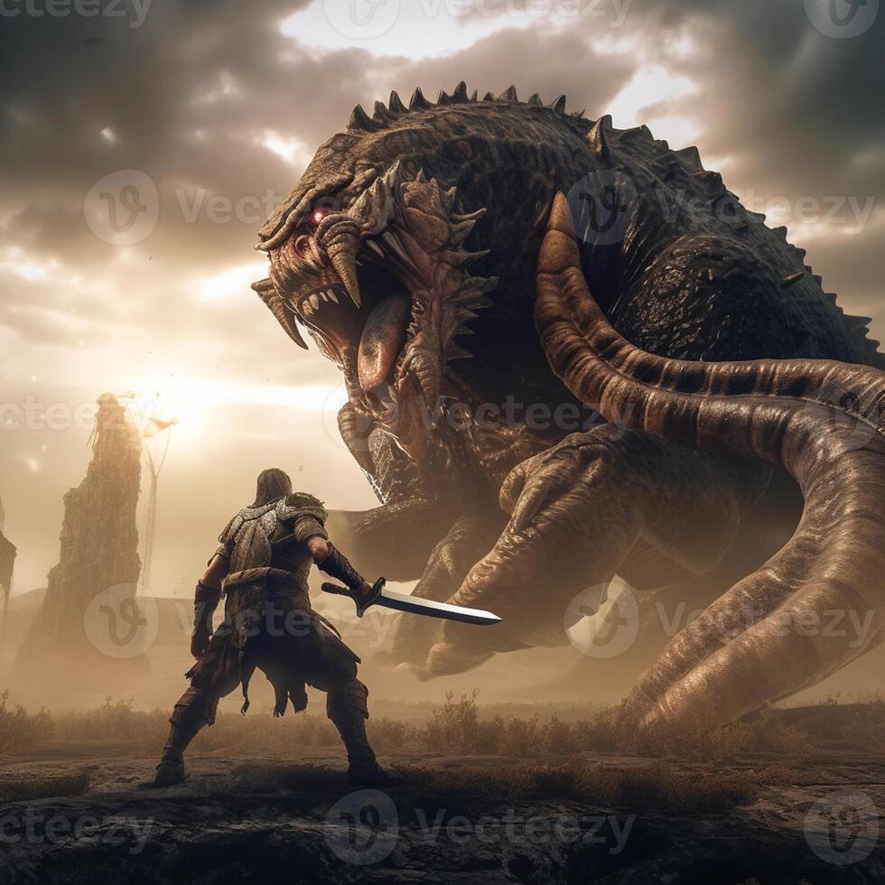a big monster fighting with a worrier photo