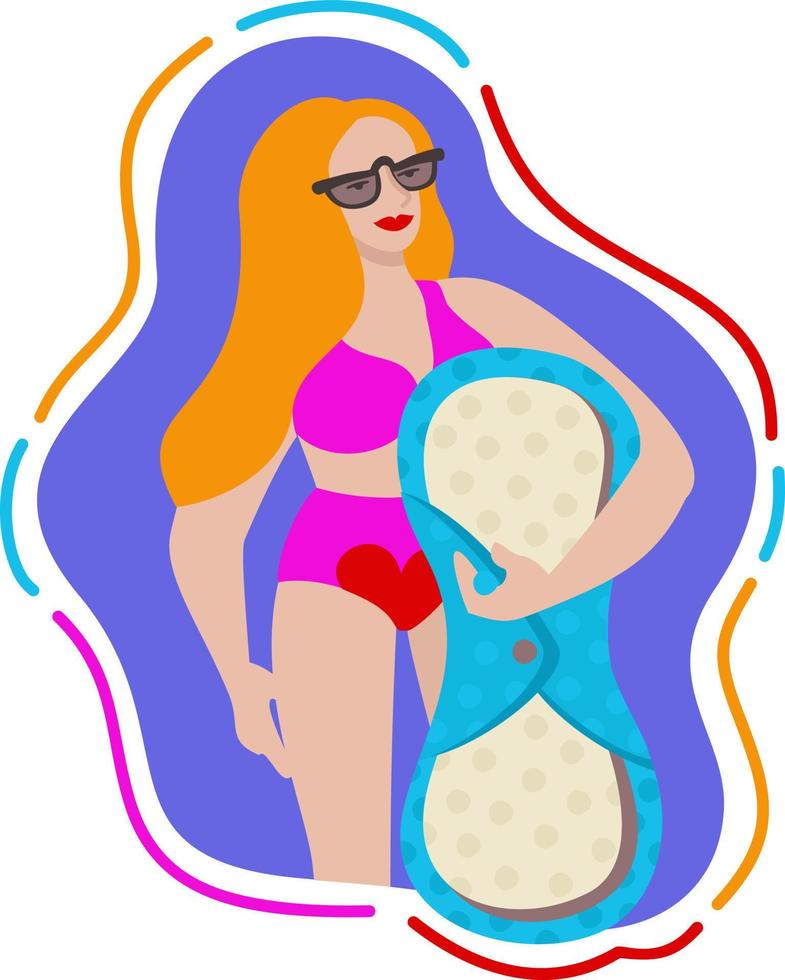 vector bright isolated illustration with young woman in bikini holding sanitary pad.