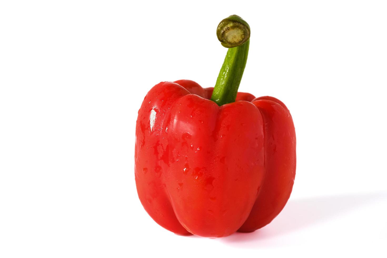 Red sweet bell pepper with water drops isolated on white background. photo