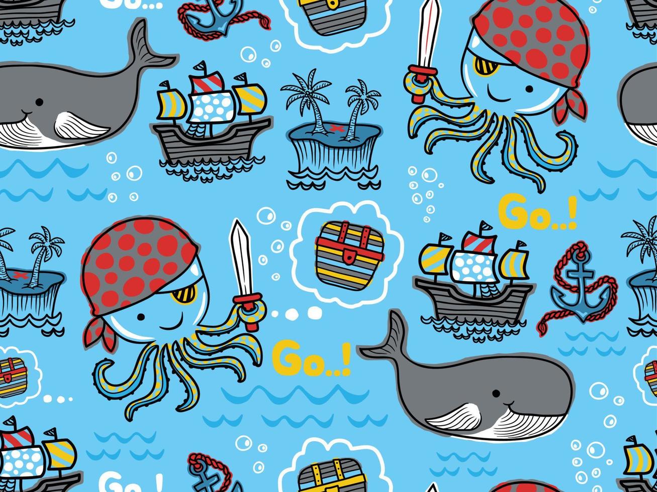 seamless pattern vector of hand drawn pirate elements cartoon with octopus and whale