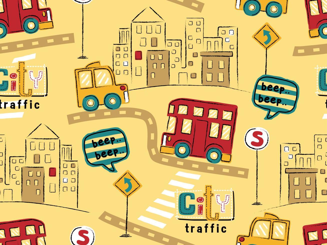 seamless pattern of hand drawn vehicles cartoon in city road with buildings, cityscape elements vector illustration
