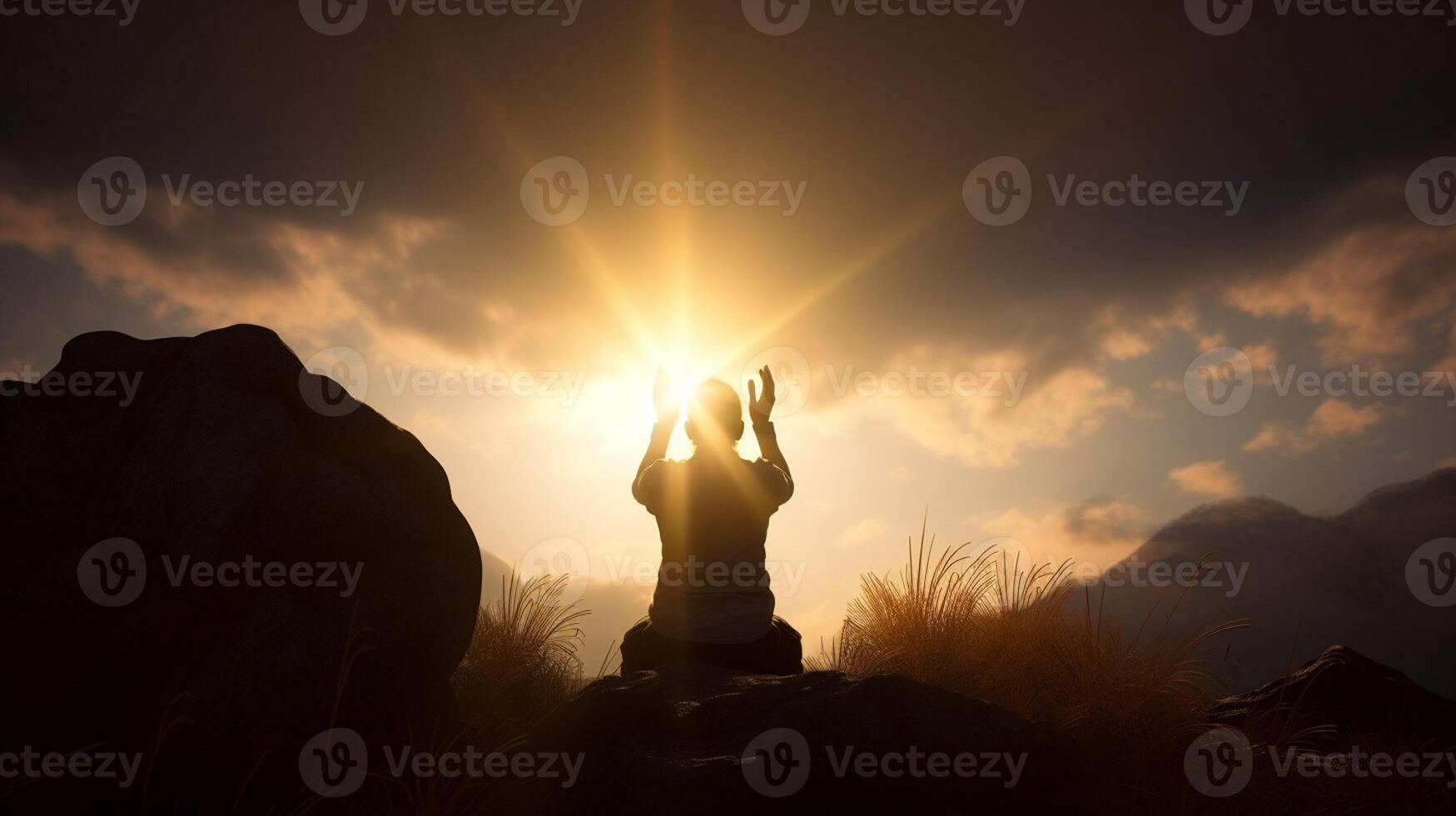 ai generativo un solo hombre haciendo orar para dios, un espiritual conexión con Dios foto
