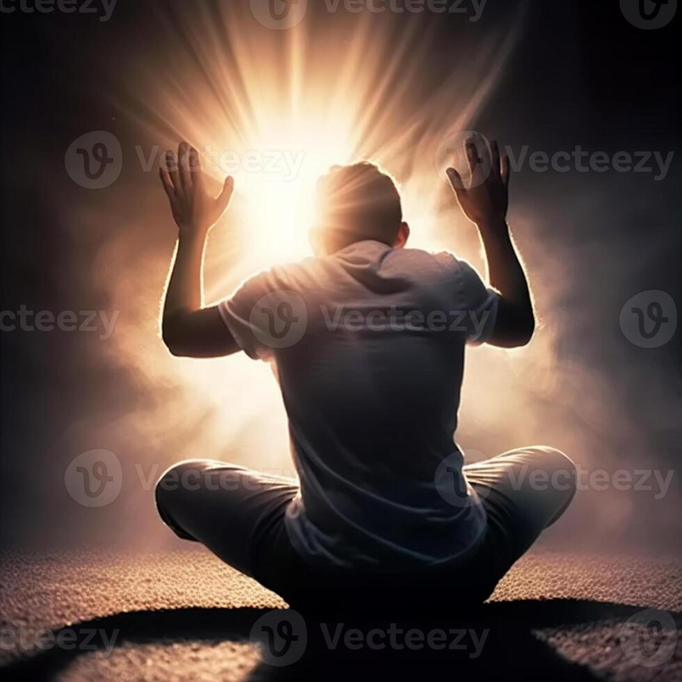 ai generativo un solo hombre haciendo orar para dios, un espiritual conexión con Dios foto