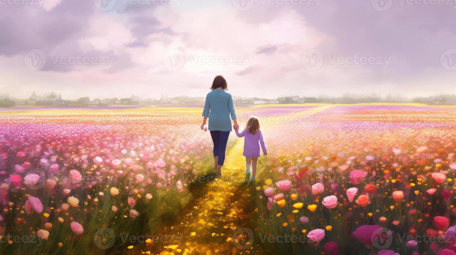 a mother holding hand of her daughter in flowers garden photo