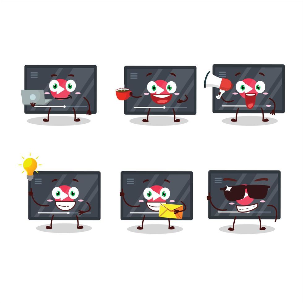 Video play button cartoon character with various types of business emoticons vector