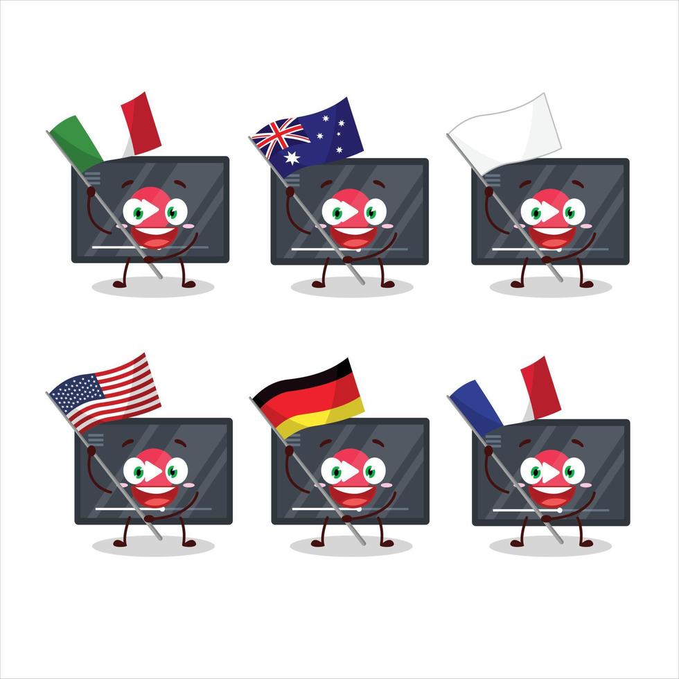 vídeo jugar botón dibujos animados personaje traer el banderas de varios países vector