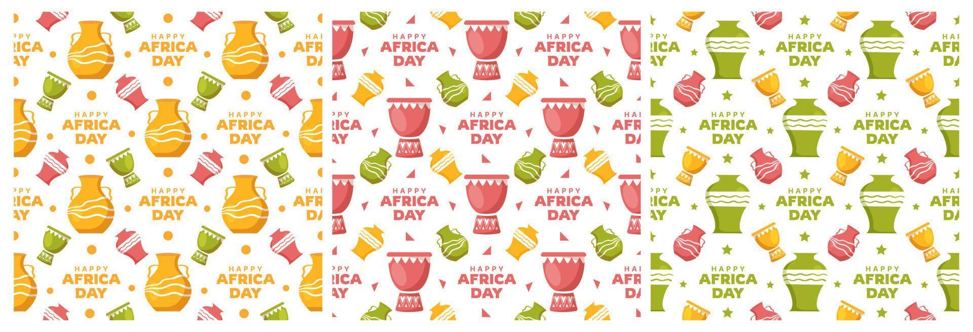 Set of Happy Africa Day Seamless Pattern Design with Culture African Tribal Figures Decoration in Template Hand Drawn Cartoon Flat Illustration vector