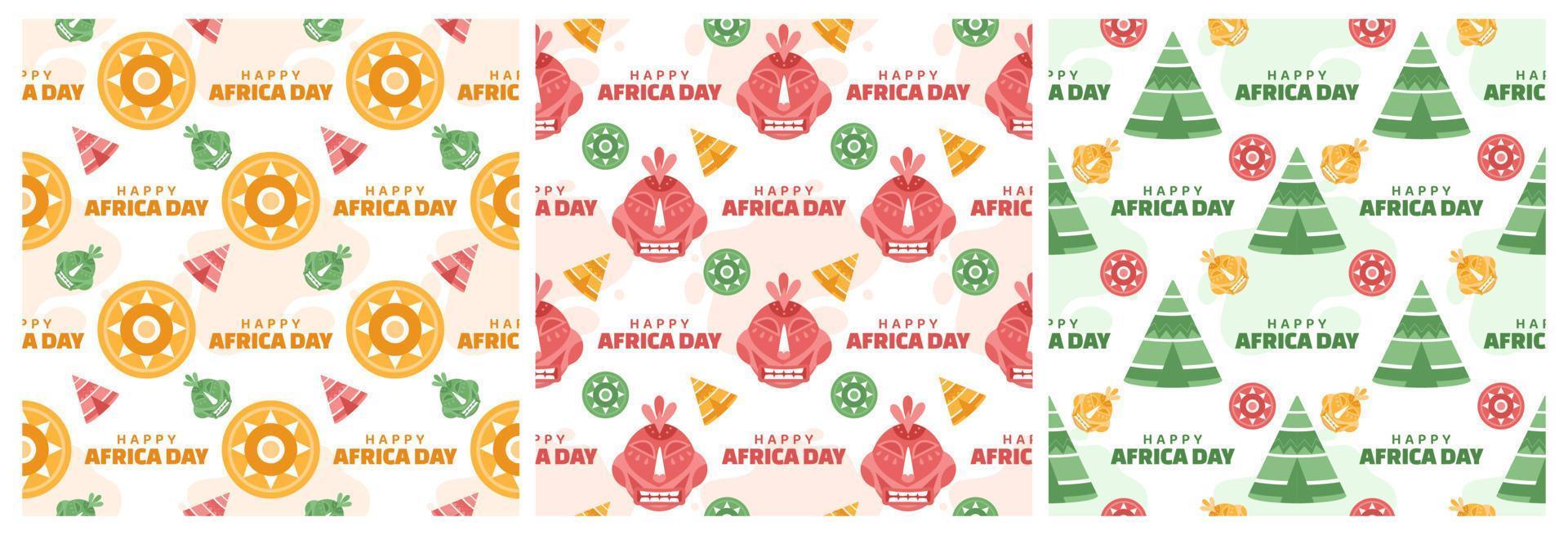 Set of Happy Africa Day Seamless Pattern Design with Culture African Tribal Figures Decoration in Template Hand Drawn Cartoon Flat Illustration vector