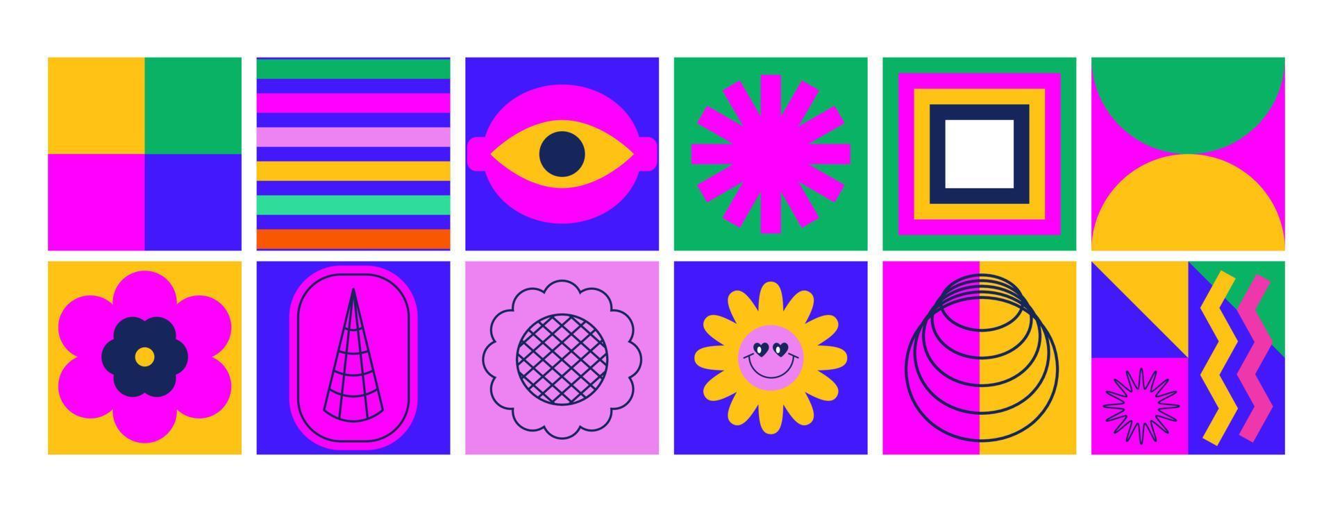 Retro abstract geometric shapes, patches, badges. Sticker pack. Trendy graphic futuristic elements, smiling flowers, line art. Y2k, 70s, 80s, 90s vintage aesthetic. vector