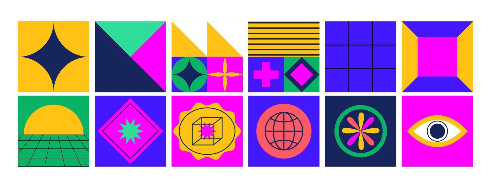 Retro abstract geometric shapes, patches, badges. Sticker pack. Trendy graphic futuristic elements. Y2k, 70s, 80s, 90s vintage aesthetic. vector