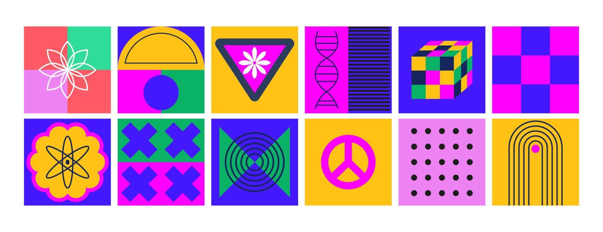 retro resumen futurista formas, parches, insignias pegatina embalar. moderno juguetón geometría, elementos, flores, línea Arte. y2k, años 70, años 80, 90s Clásico estético. vector