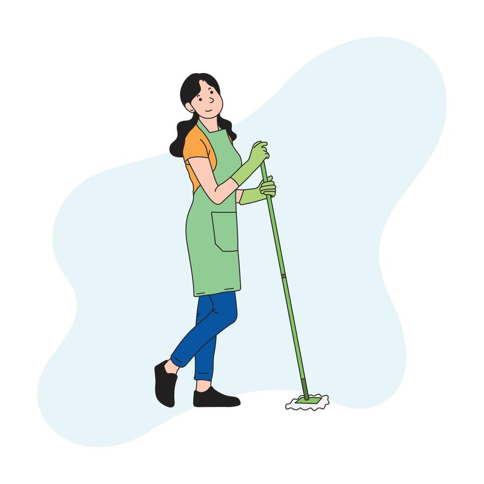 a woman is mopping the floor with gloves on vector