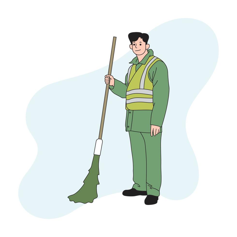 a man cleaning the street holding a broom vector