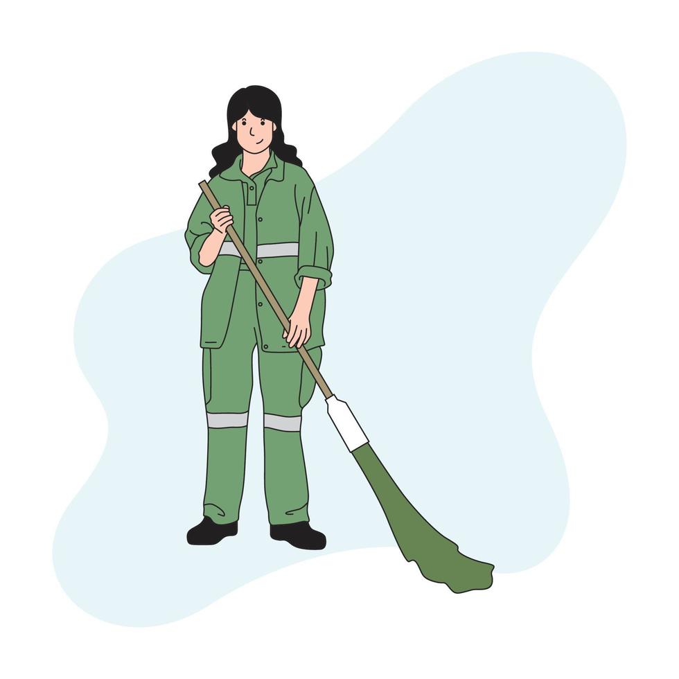 a street cleaning woman holding a broom vector