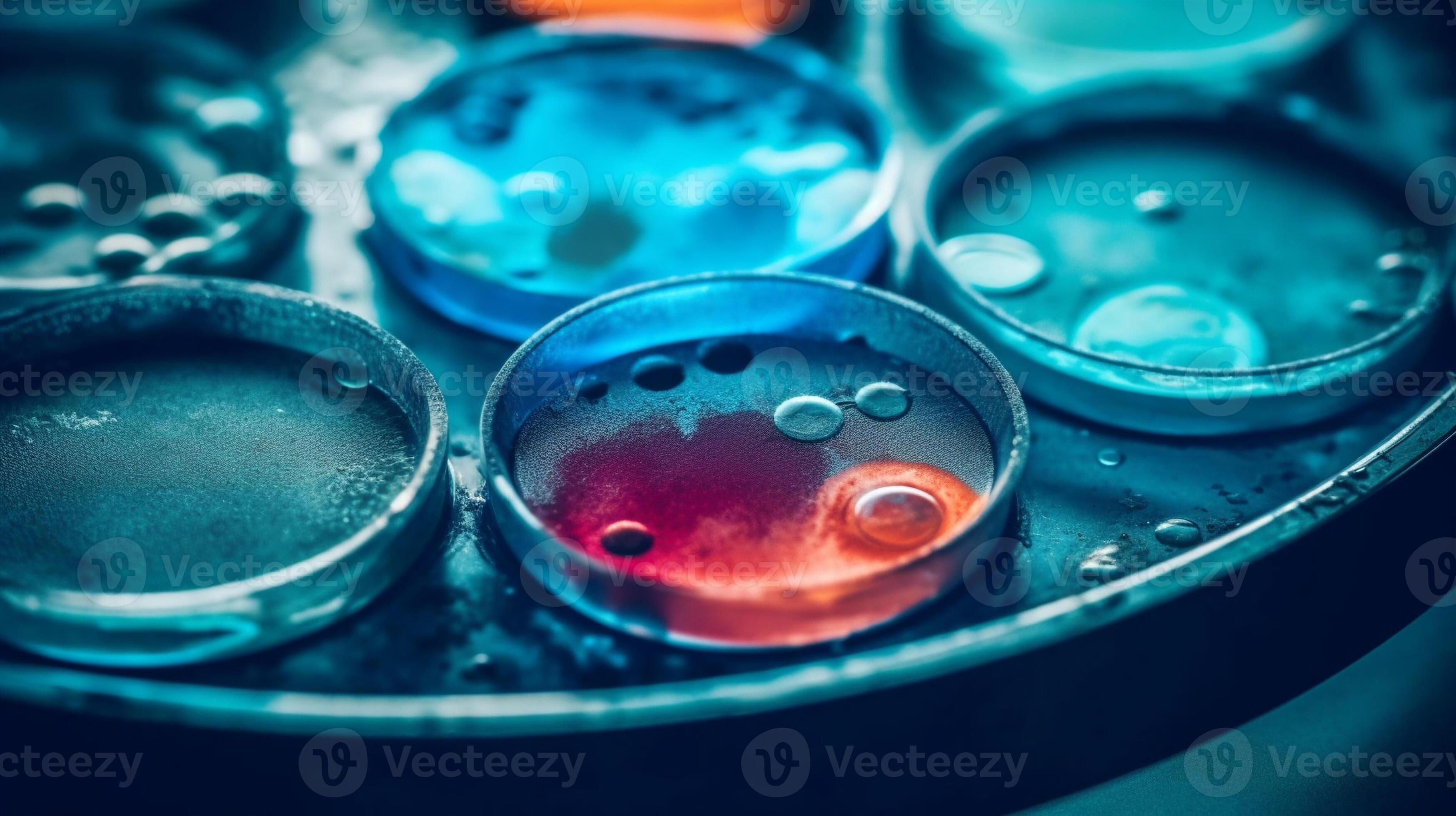 Red bacteria and virus cells in petri dish at scientific laboratory