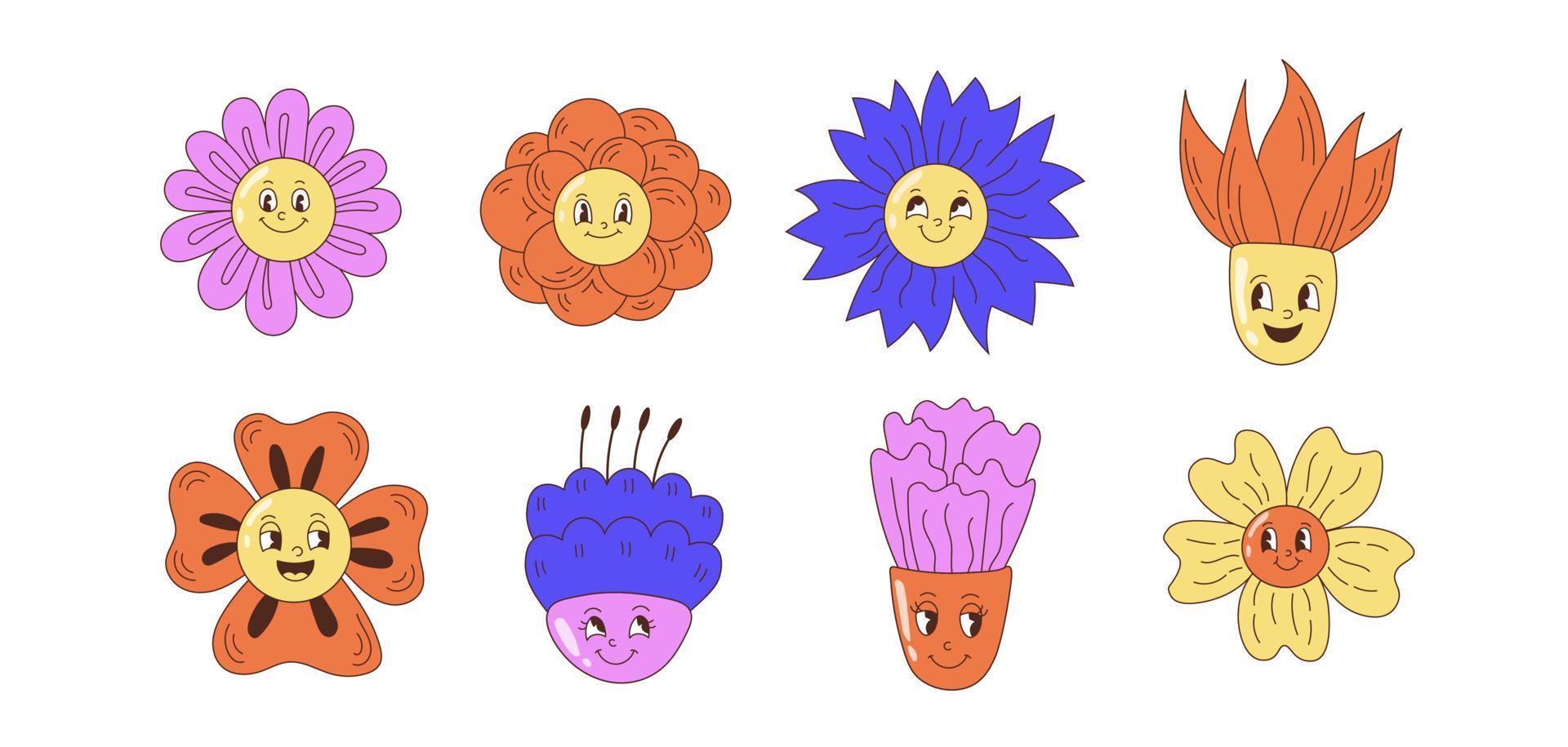 Happy cartoon flowers set vector