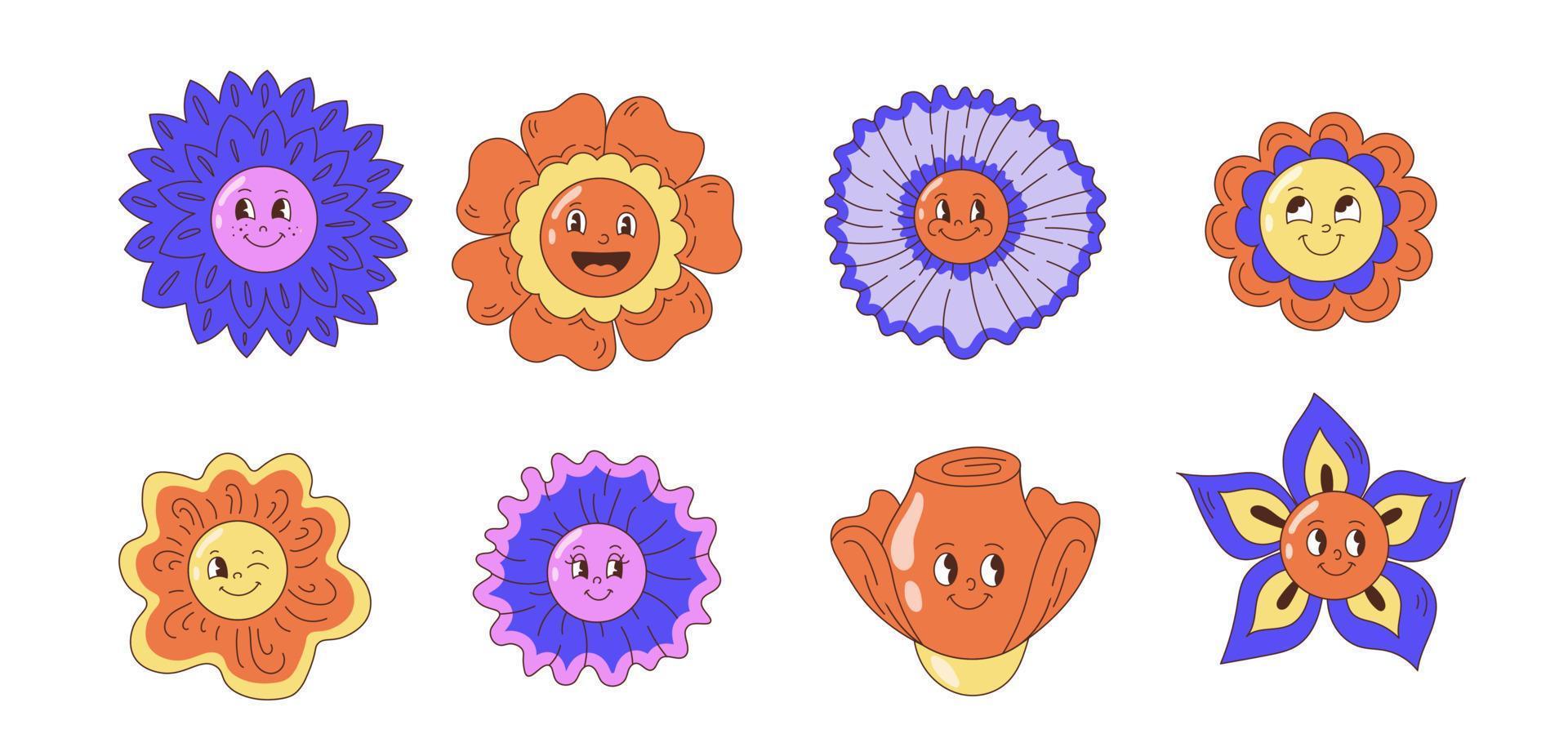 Groovy flower cartoon character set vector