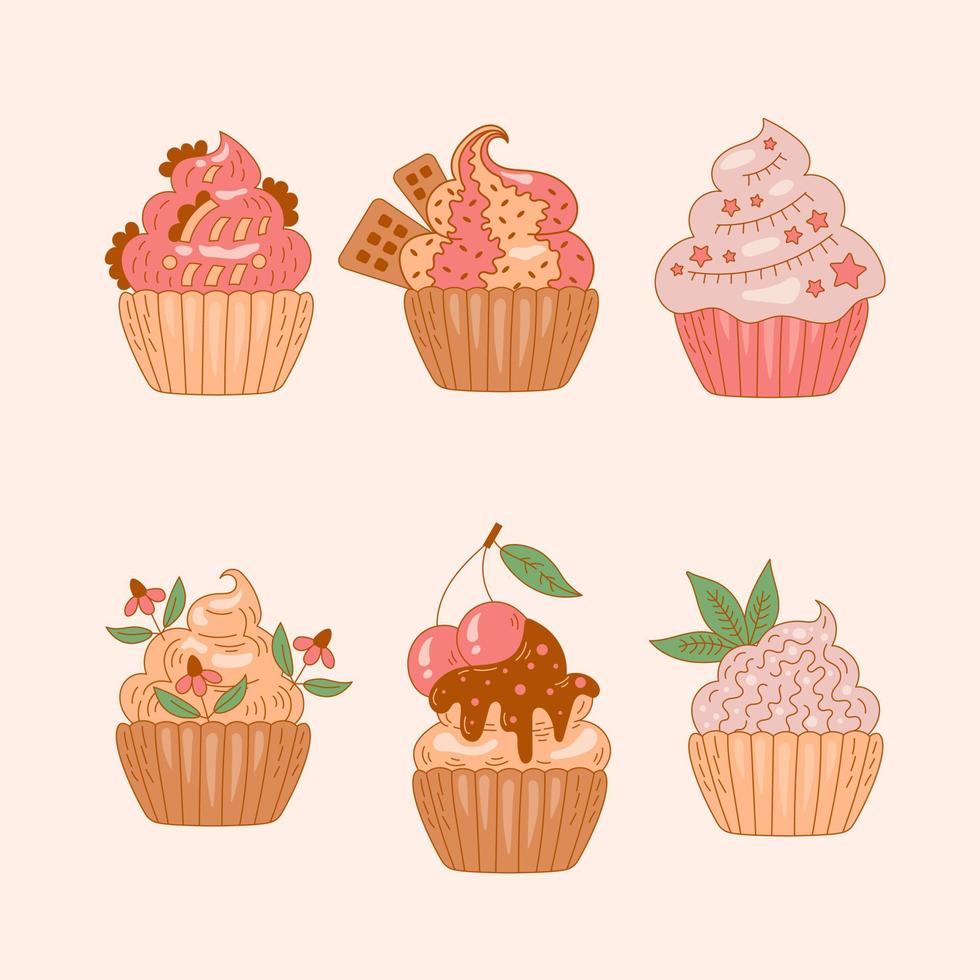Cute cupcakes hand drawn set vector