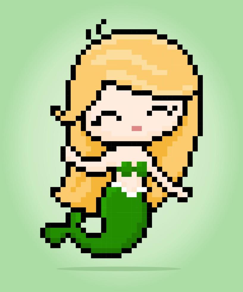 8 bit pixel a mermaid for game assets and cross stitch patterns in vector illustrations.