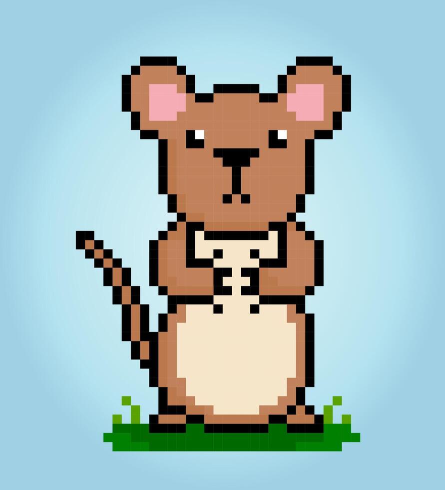 8-bit pixel rat is standing. Animals for game assets and cross stitches patterns in vector illustrations.