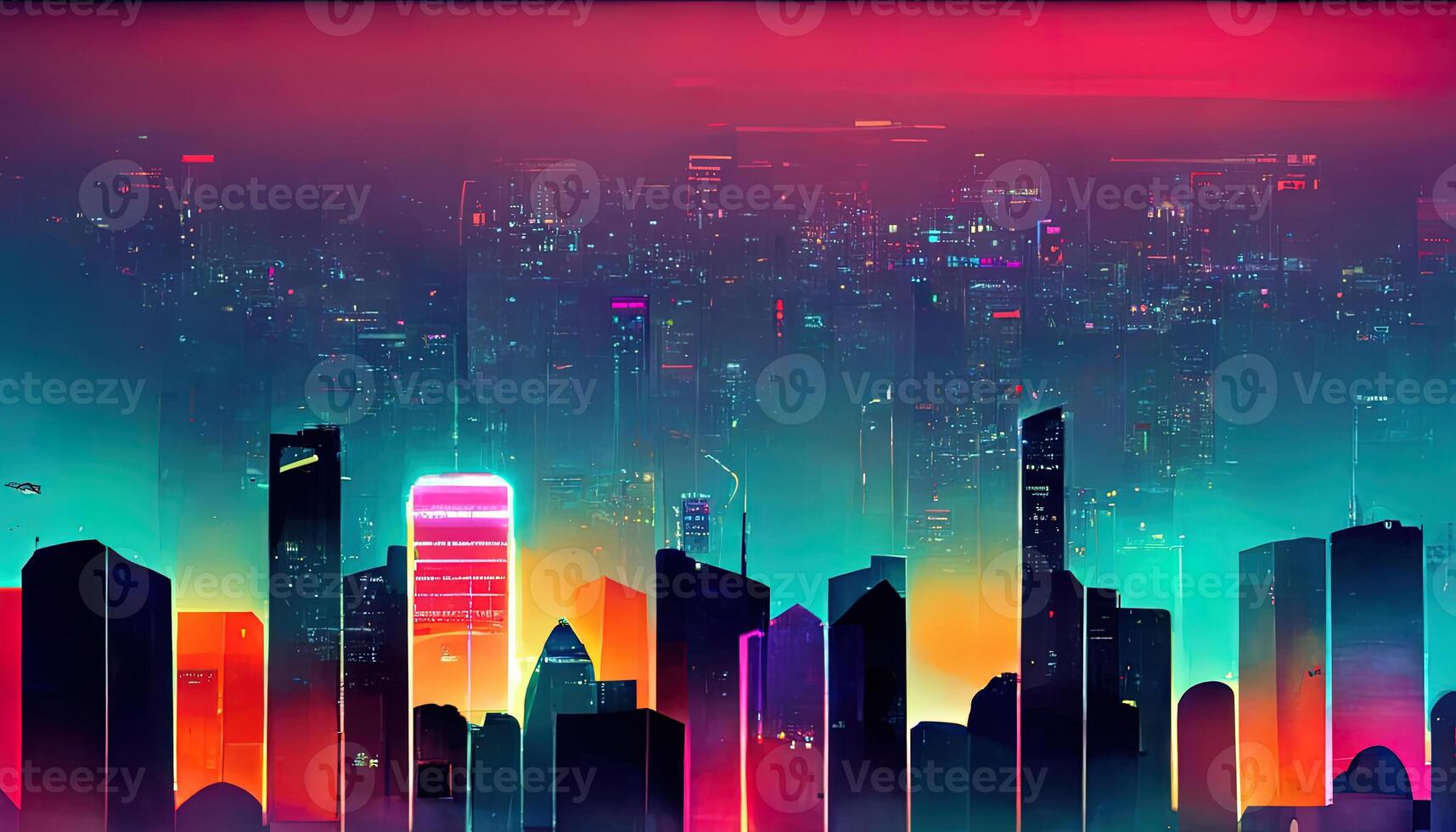 City skyline with car as retro 80s synthwave design illustration. photo