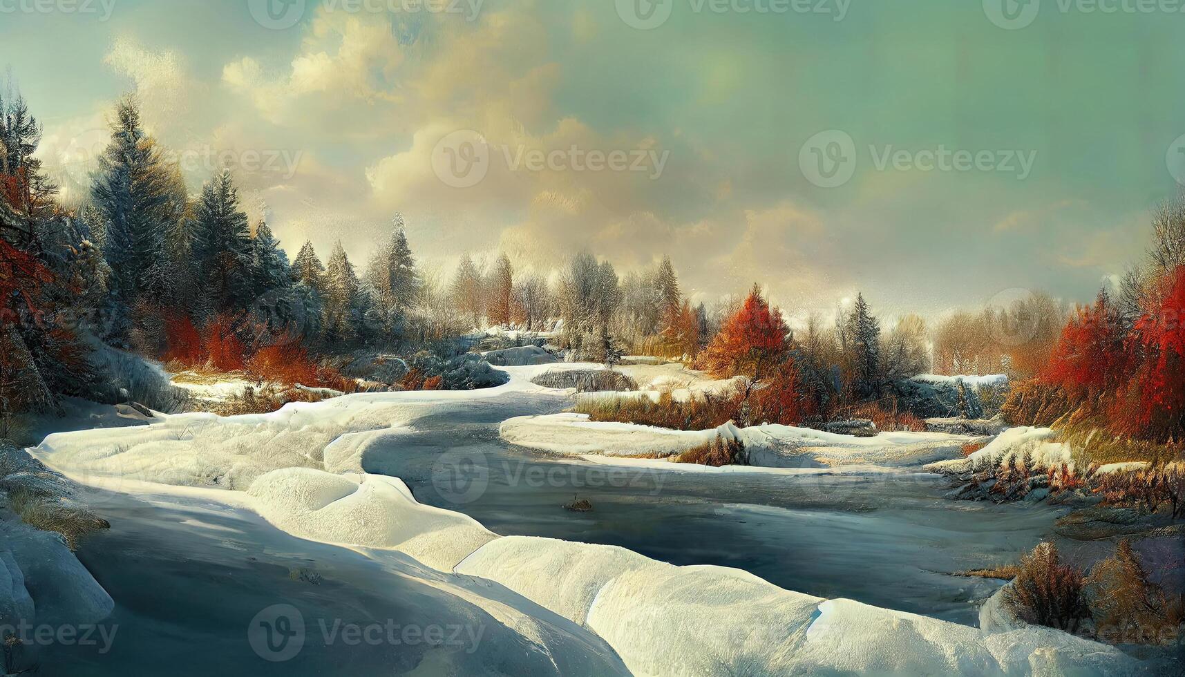 Winter landscape with snow in forest with frozen river, Detailed, colored. photo