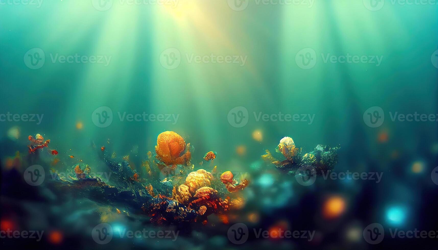 Depth of sea water, the bottom of the sea, the rays of the sun through the water. photo