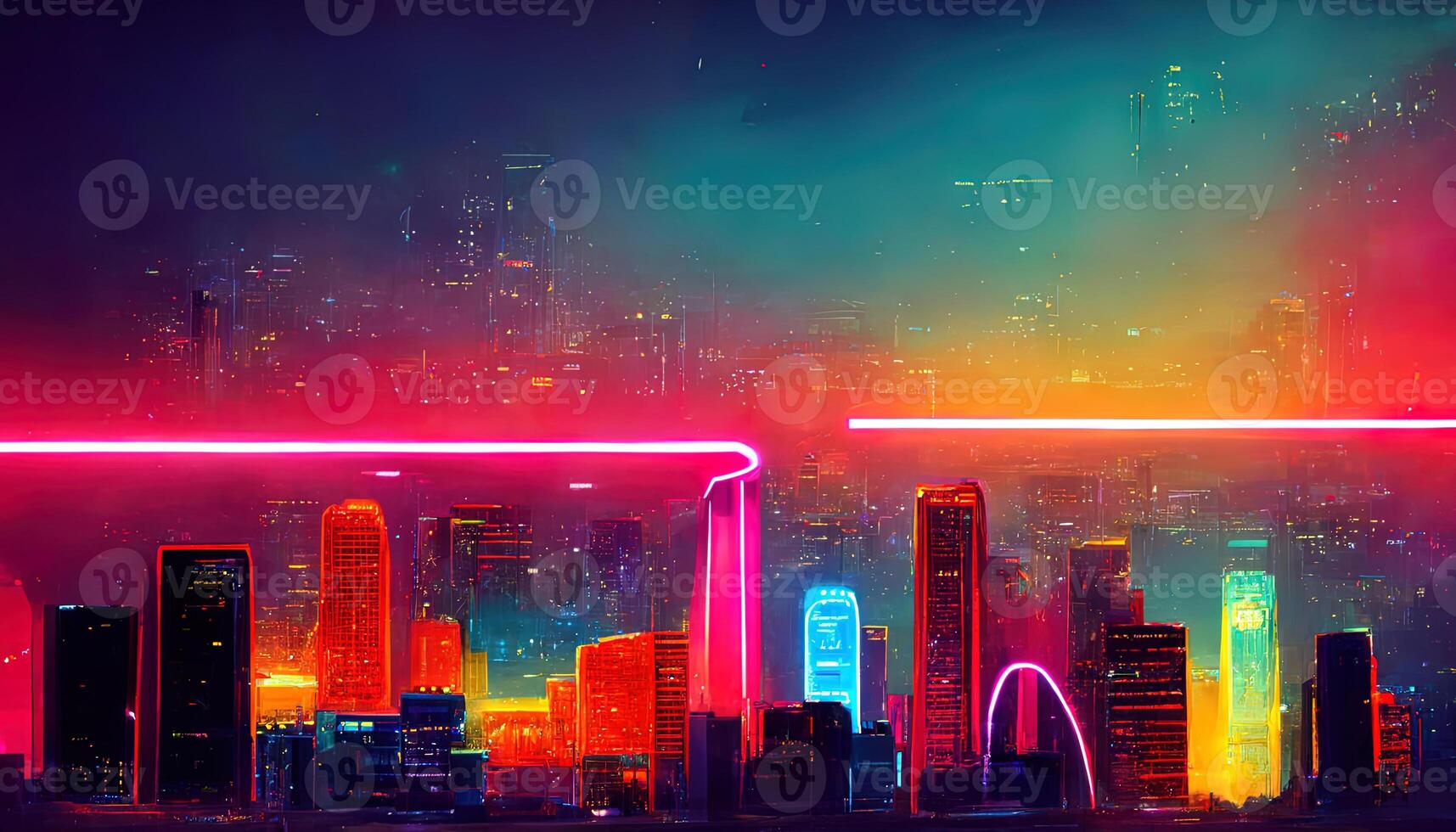 80s Retro Sci-Fi Background with Night City Skyline, Synthwave glowing neon lights plane. photo