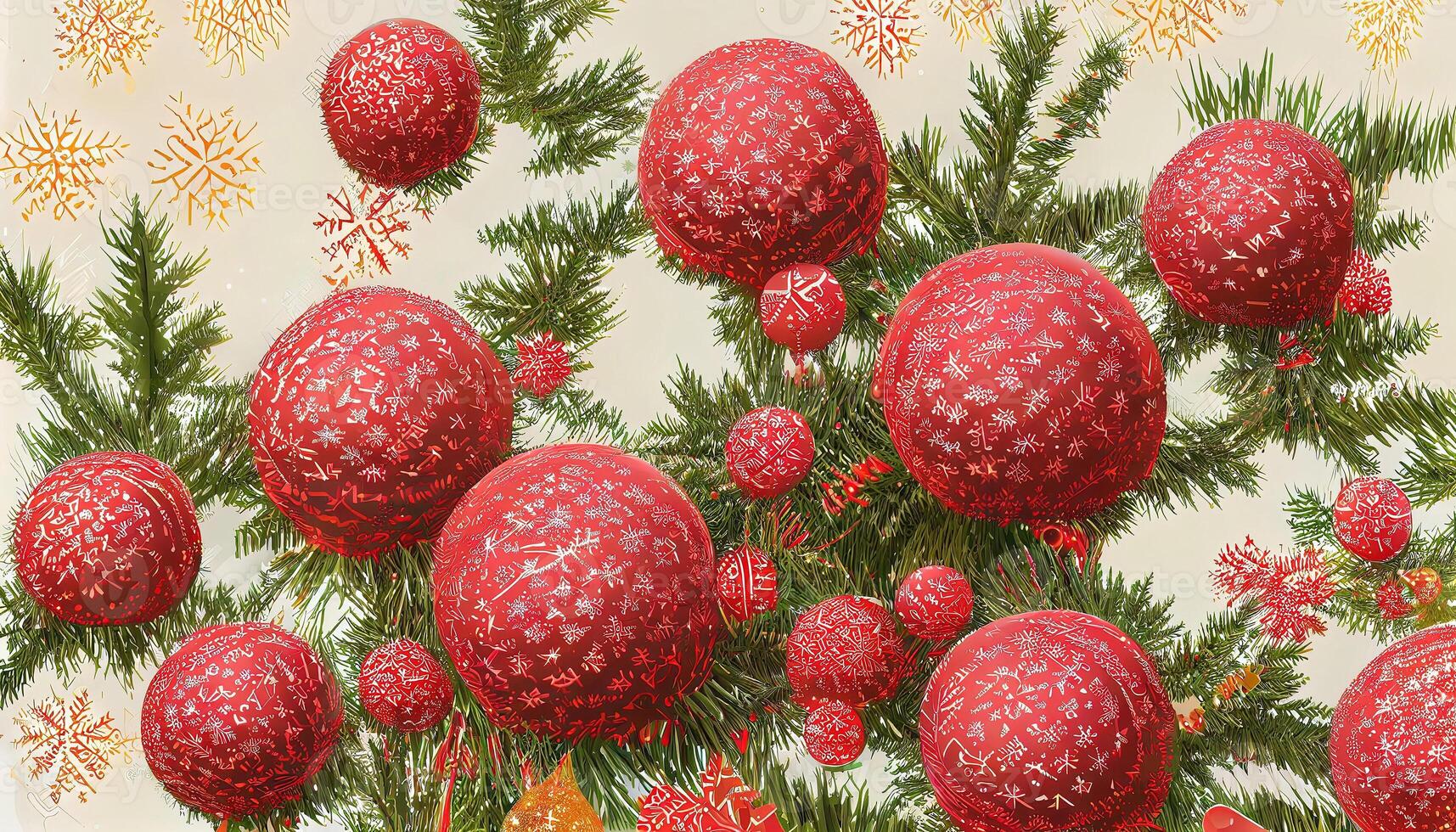 Red christmas tree balls and snowflakes as seamless pattern, Detailed, colored. photo