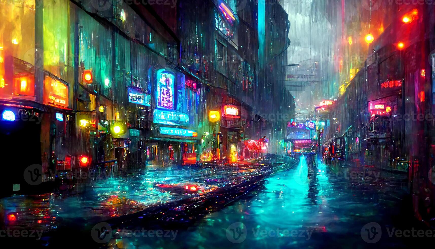 Foggy night on a street of a cyberpunk city. Huge neon skyscrapers. Wet asphalt reflecting glowing neon light. photo